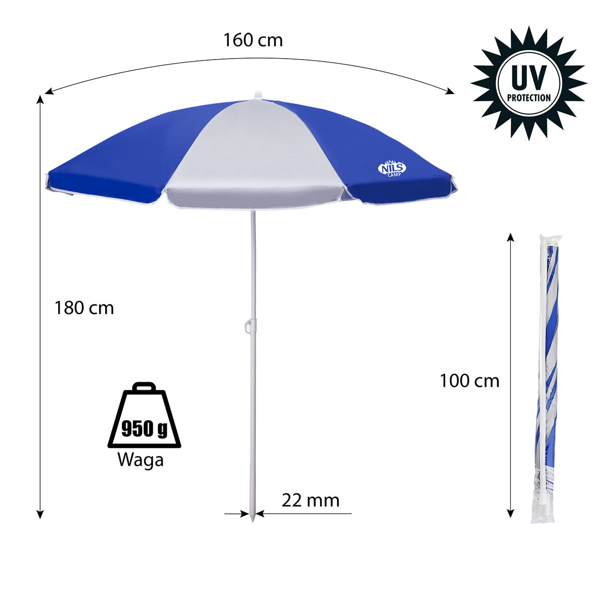 Parasol plażowy NILS CAMP NC7813 180 cm z ochroną UV SPF 40+