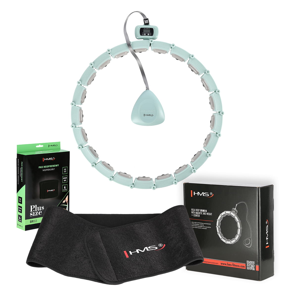 ZESTAW HULA HOP MAGNETYCZNY GREEN Z LICZNIKIEM HMS HHM14 + PAS BR163 BLACK PLUS SIZE